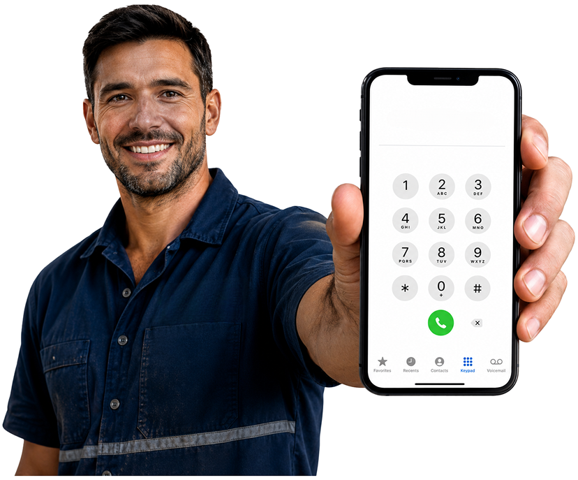 Russell Lea Blocked Drains plumber holding a phone — call 1300 261 965