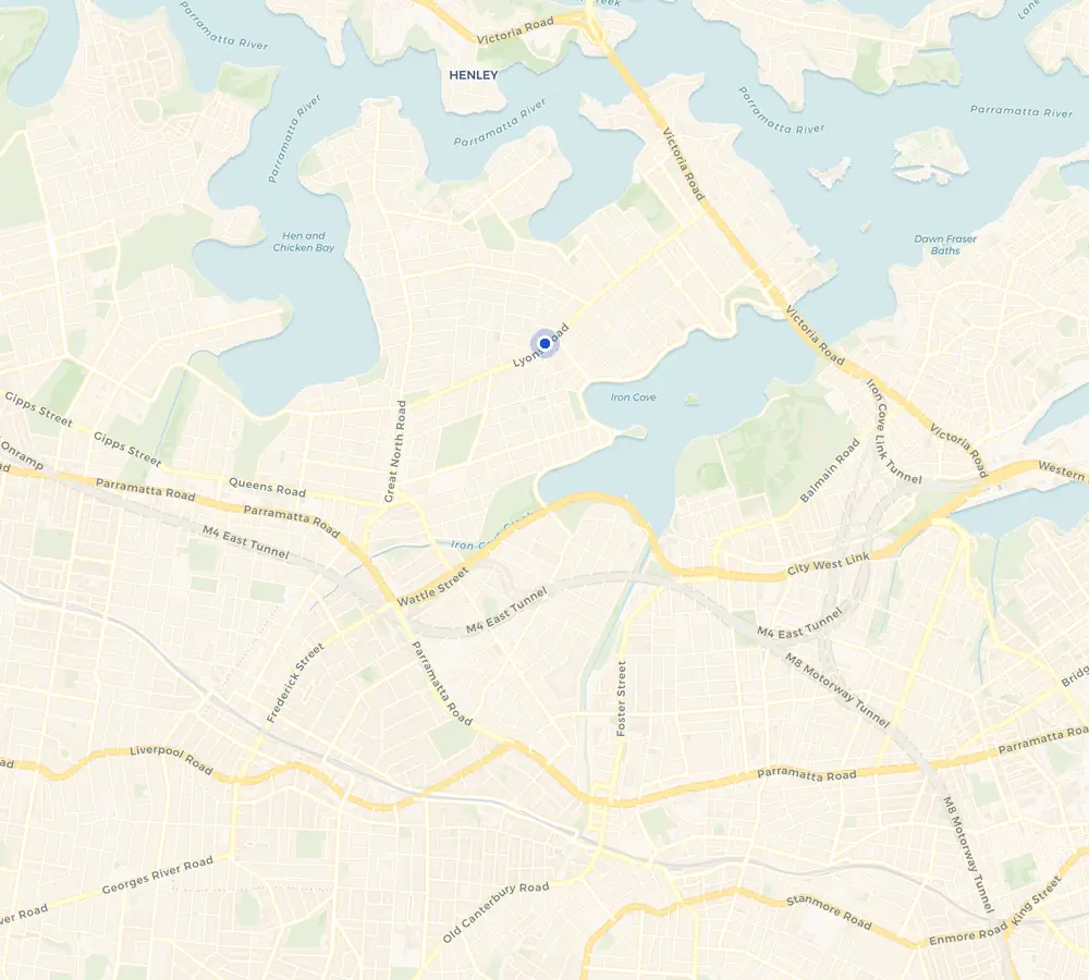 Map of the Russell Lea service area and the surrounding Inner West, showing Russell Lea and the nearby streets we cover.