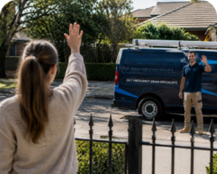 Customer waving goodbye to a Russell Lea Blocked Drains plumber