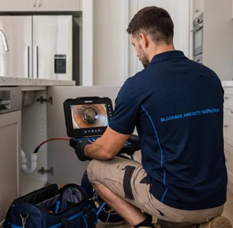 Plumber clearing a blocked toilet in a Russell Lea bathroom